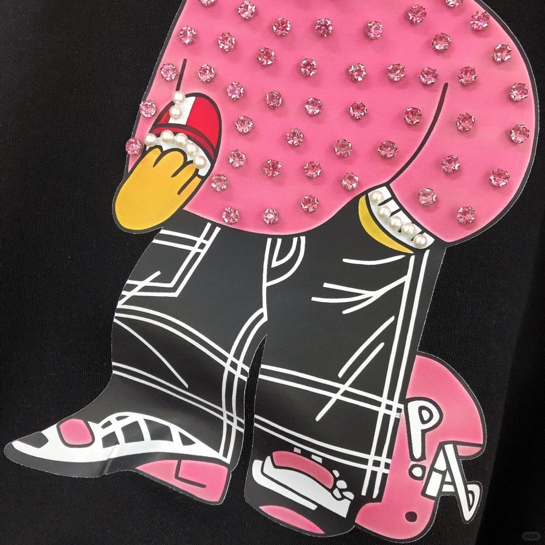 B08 - Pink Rhinestone Teddy Bear Stripe Sleeve Heavyweight Crewneck Sweatshirt