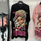 R3 - Heavyweight 320g Pure Cotton T-Shirt - Sparkling Full Rhinestone Cute Girl & Bunny Graphic Oversized Tee