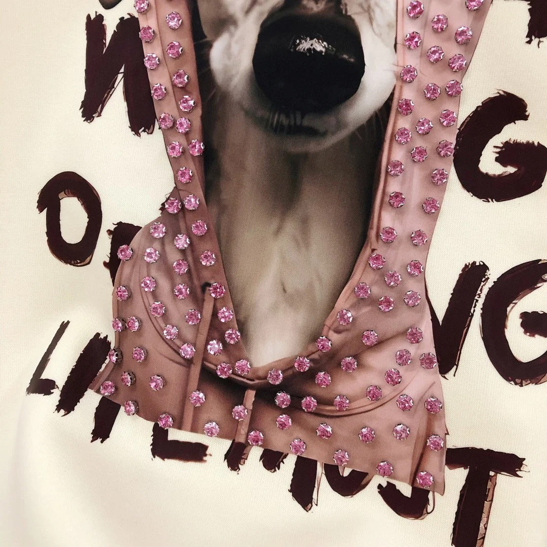 B09 - Heavyweight Cotton Crewneck Sweatshirt with Hand-Nailed Pink Rhinestones & Printed Dog Hood Graphic