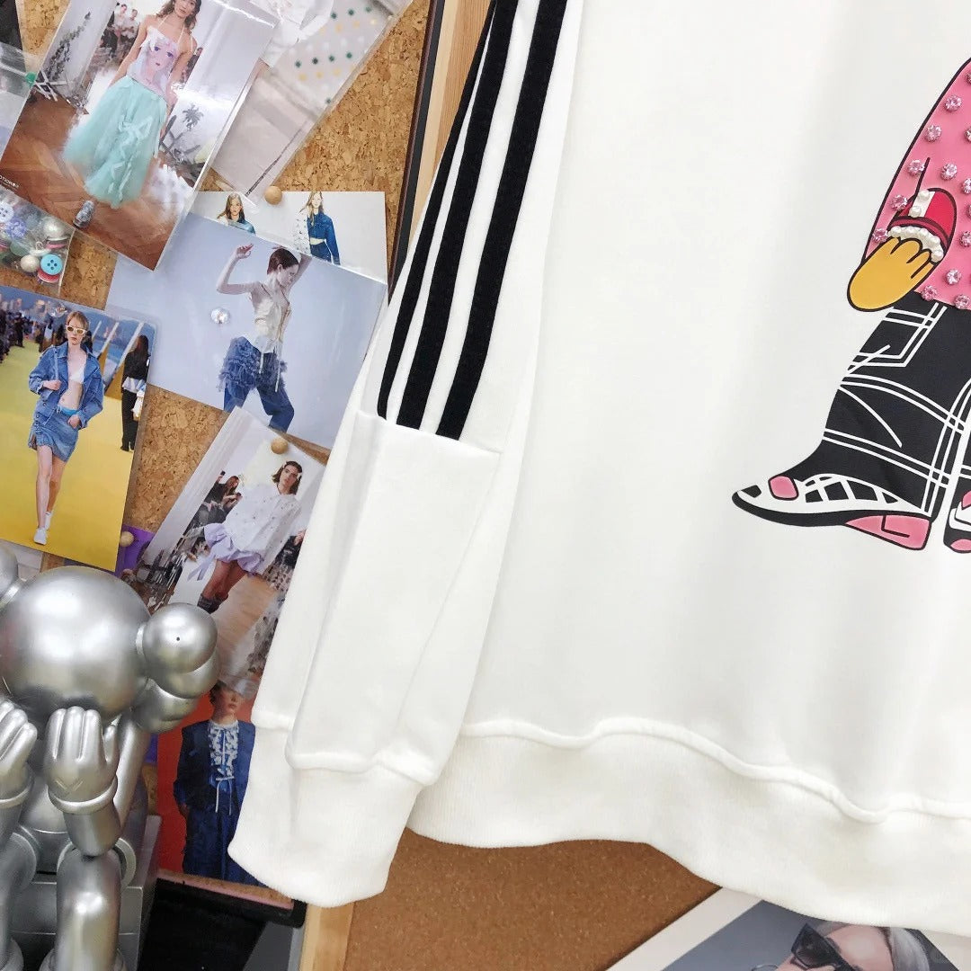 B08 - Pink Rhinestone Teddy Bear Stripe Sleeve Heavyweight Crewneck Sweatshirt