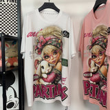 R3 - Heavyweight 320g Pure Cotton T-Shirt - Sparkling Full Rhinestone Cute Girl & Bunny Graphic Oversized Tee