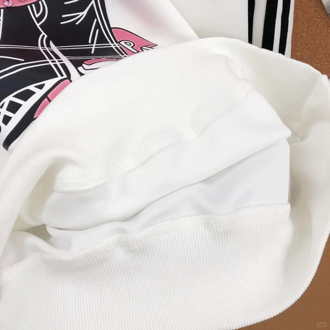 B08 - Pink Rhinestone Teddy Bear Stripe Sleeve Heavyweight Crewneck Sweatshirt