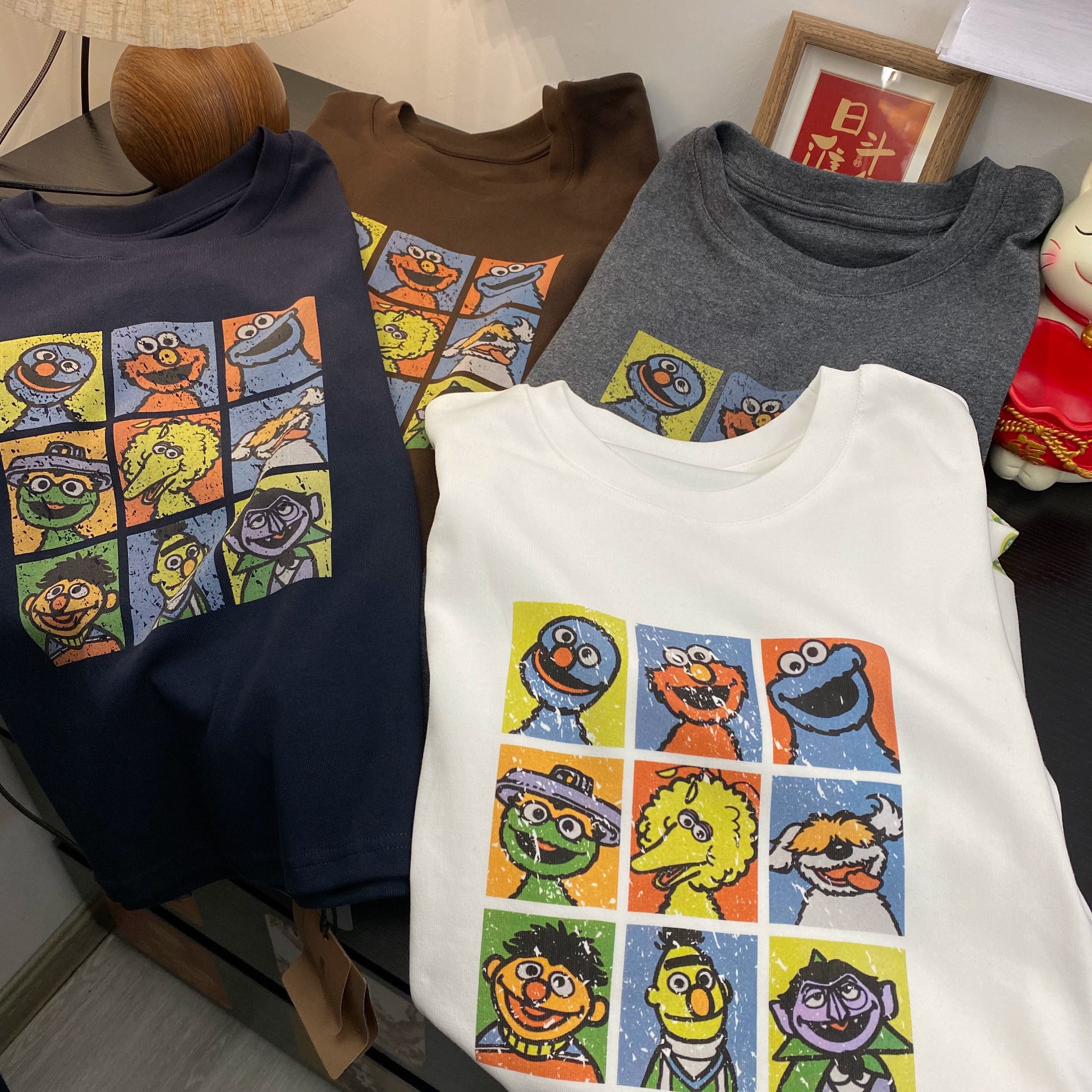 Retro Character Grid Cotton T-Shirt | Vintage Graphic Oversized Tee