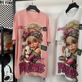 R3 - Heavyweight 320g Pure Cotton T-Shirt - Sparkling Full Rhinestone Cute Girl & Bunny Graphic Oversized Tee