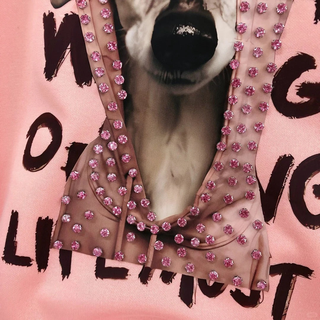 B09 - Heavyweight Cotton Crewneck Sweatshirt with Hand-Nailed Pink Rhinestones & Printed Dog Hood Graphic
