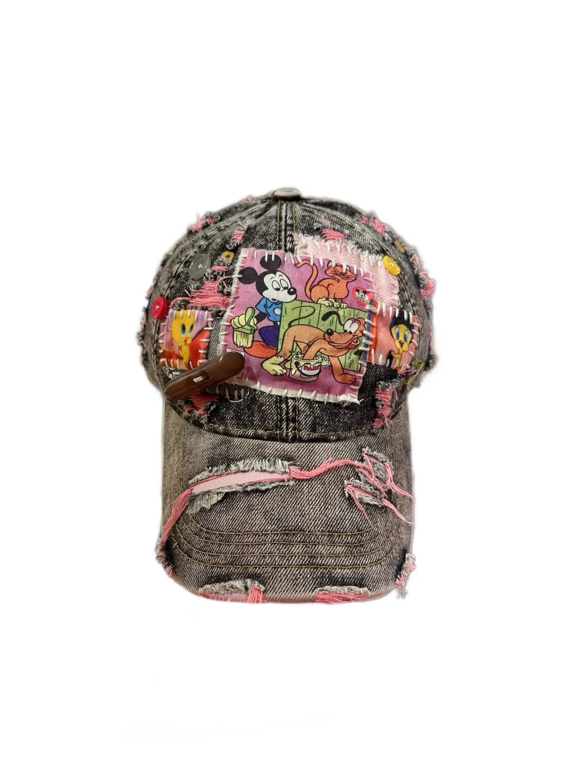 H24 - Vintage Mickey Mouse Patchwork Denim Baseball Cap – Unisex Casual Two-Tone Dad Hat