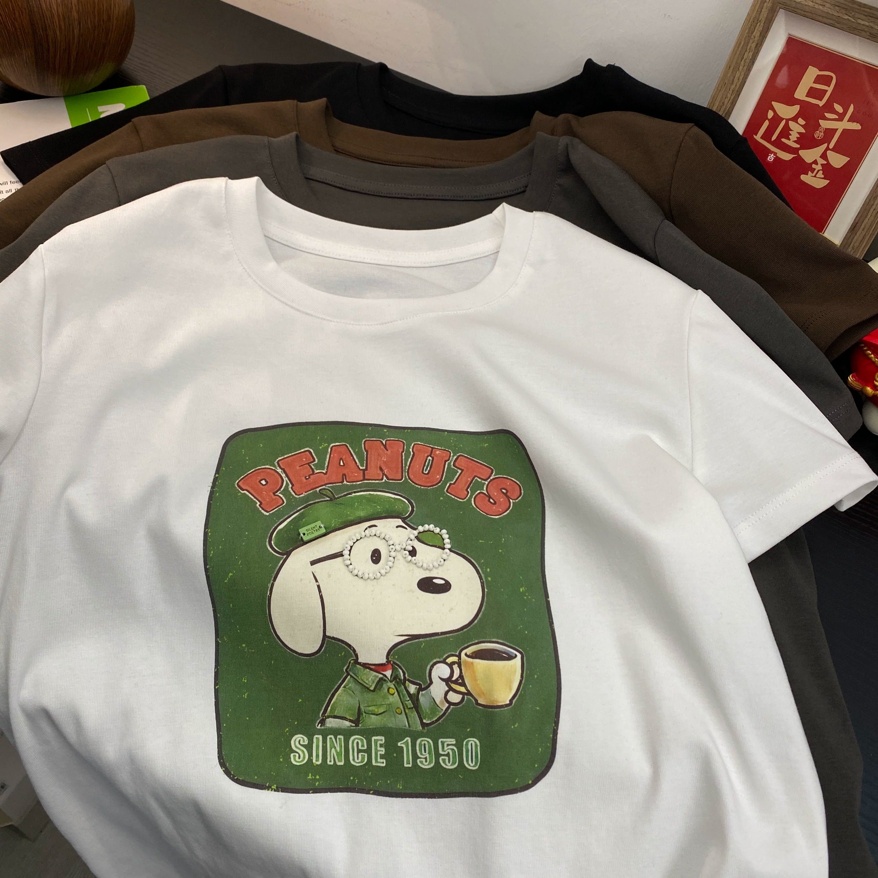 Handmade Beaded Glasses Snoopy Cotton T-Shirt | Vintage Graphic Oversized Tee