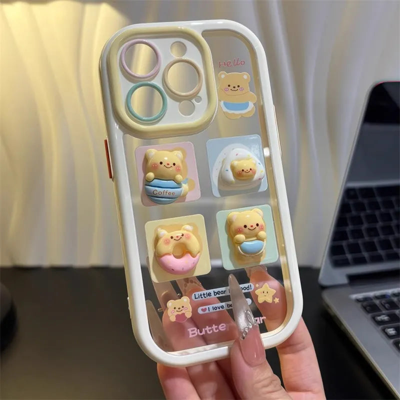 Bear - themed transparent phone case, adorned with 3D bear decorations