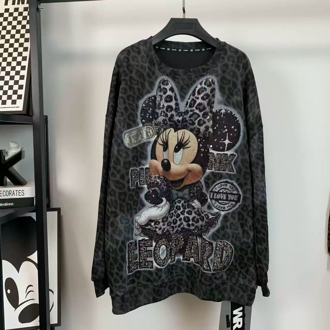 R11 - Pure Cotton Leopard Print Sweatshirt - Luxury Hot-Fix Rhinestone Minnie Mouse Graphic Crewneck Pullover