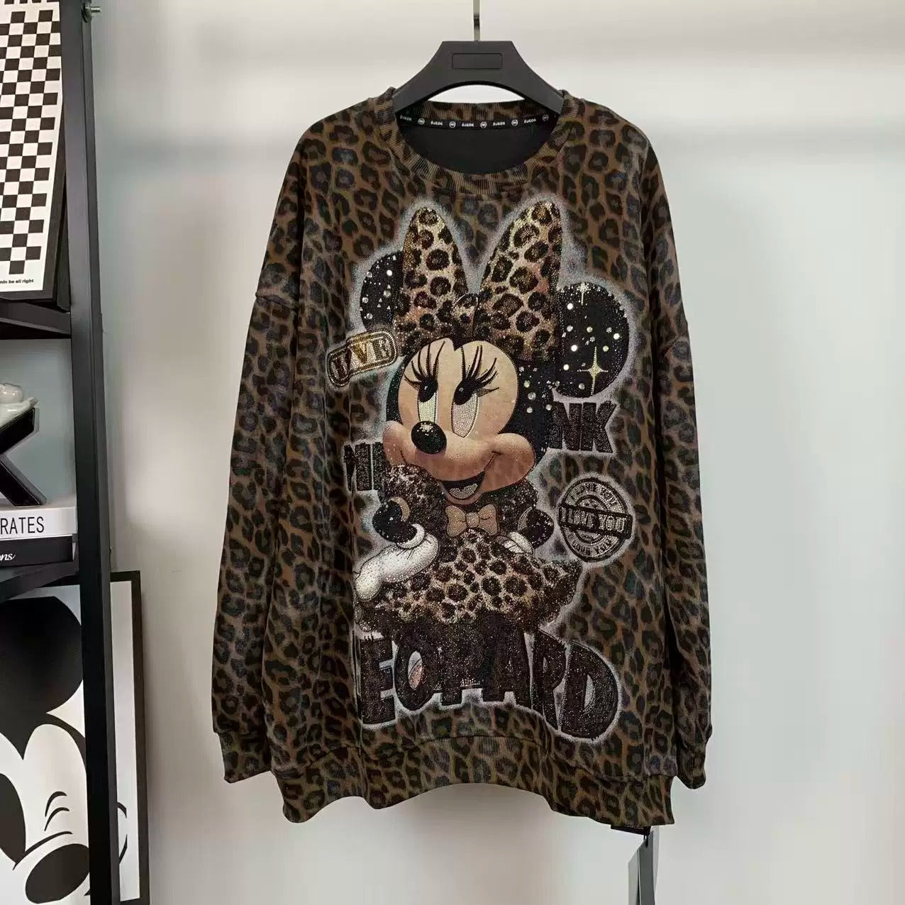 R11 - Pure Cotton Leopard Print Sweatshirt - Luxury Hot-Fix Rhinestone Minnie Mouse Graphic Crewneck Pullover