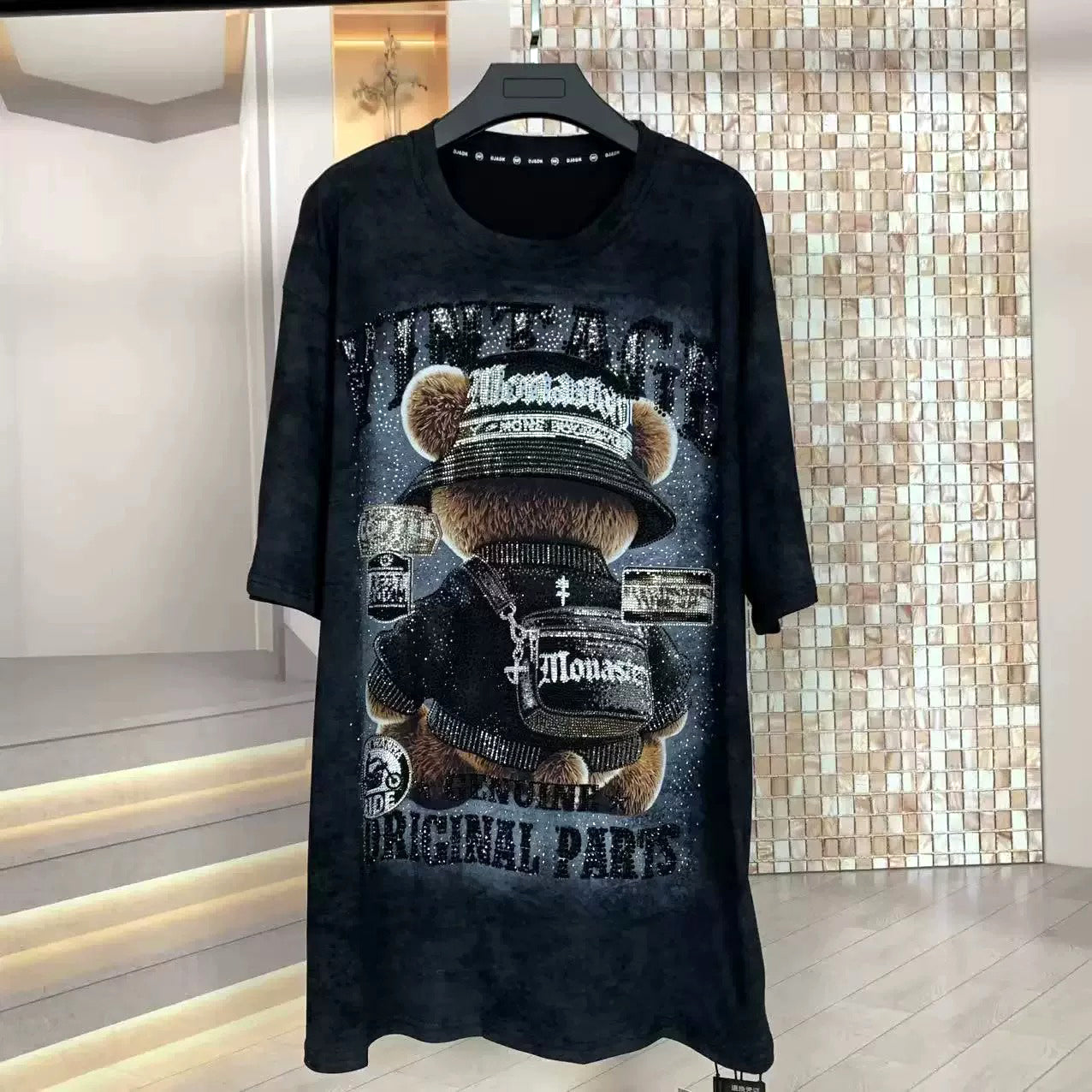 Rhinestone Teddy Bear Graphic T-Shirt | Oversized Heavy Bling Statement Tee