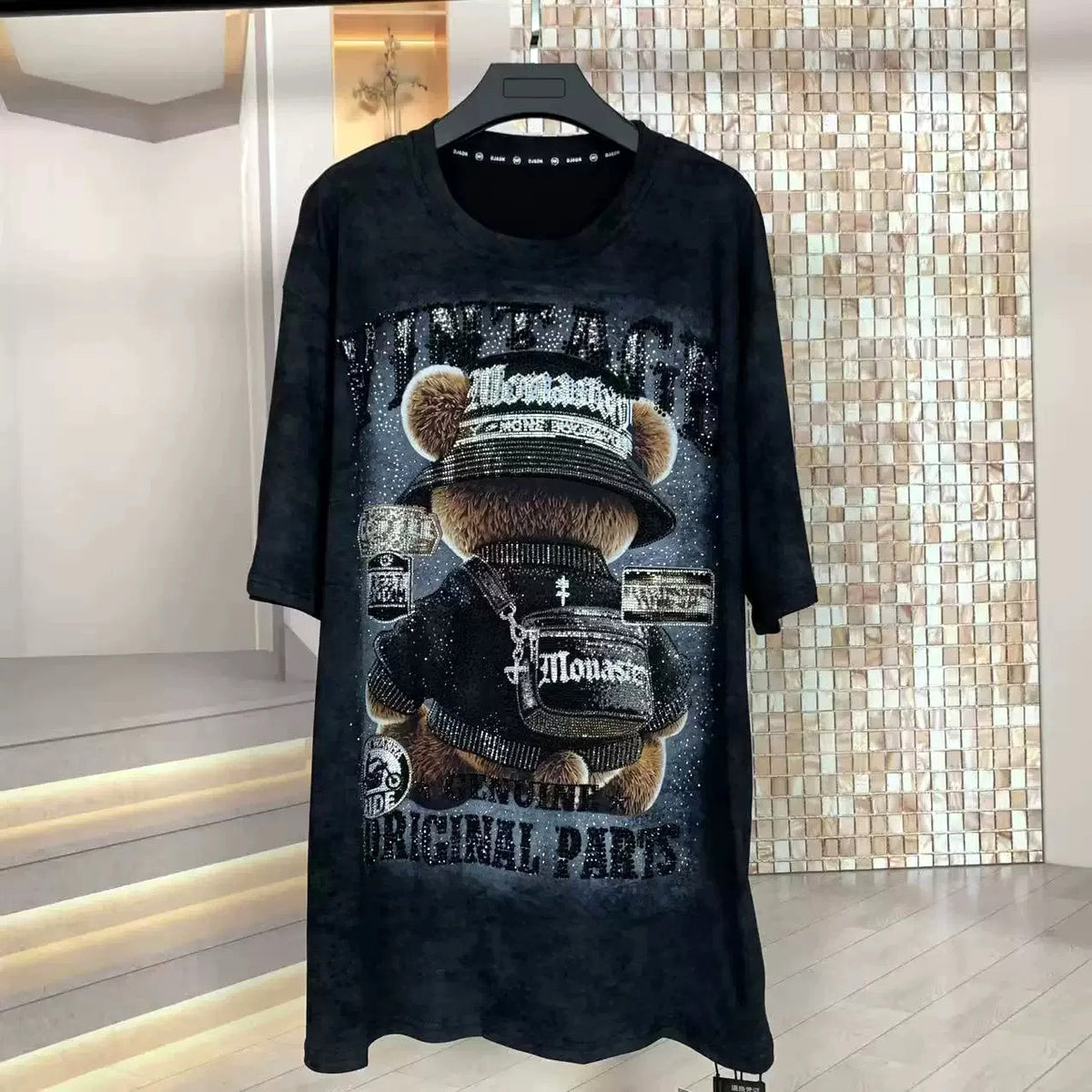 Rhinestone Teddy Bear Graphic T-Shirt | Oversized Heavy Bling Statement Tee