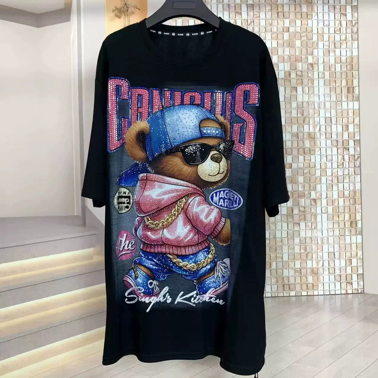 Rhinestone Hip-Hop Teddy Bear T-Shirt | Oversized Heavy Bling Graphic Tee