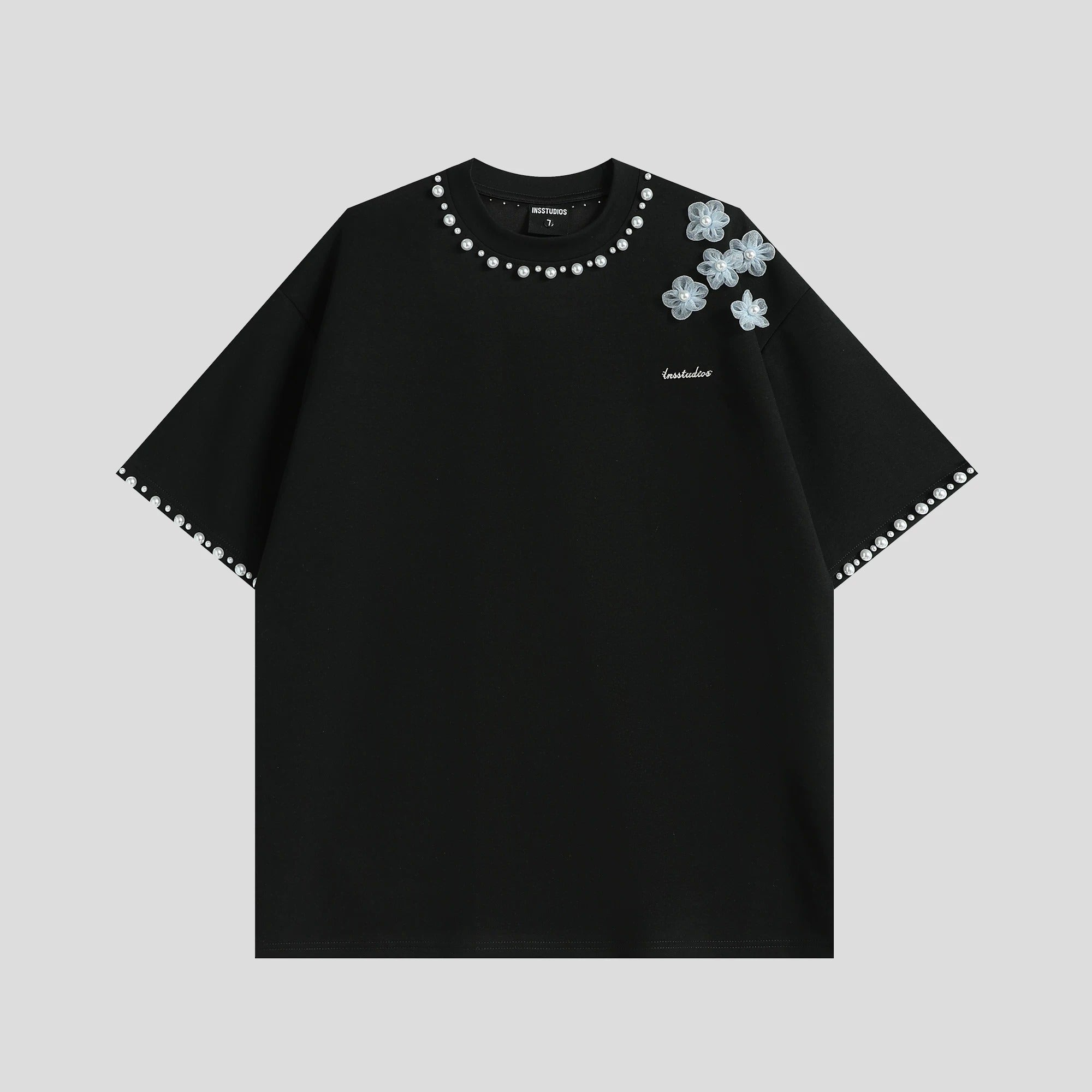 3D Floral Pearl Embellished T-Shirt | Oversized Designer Statement Tee