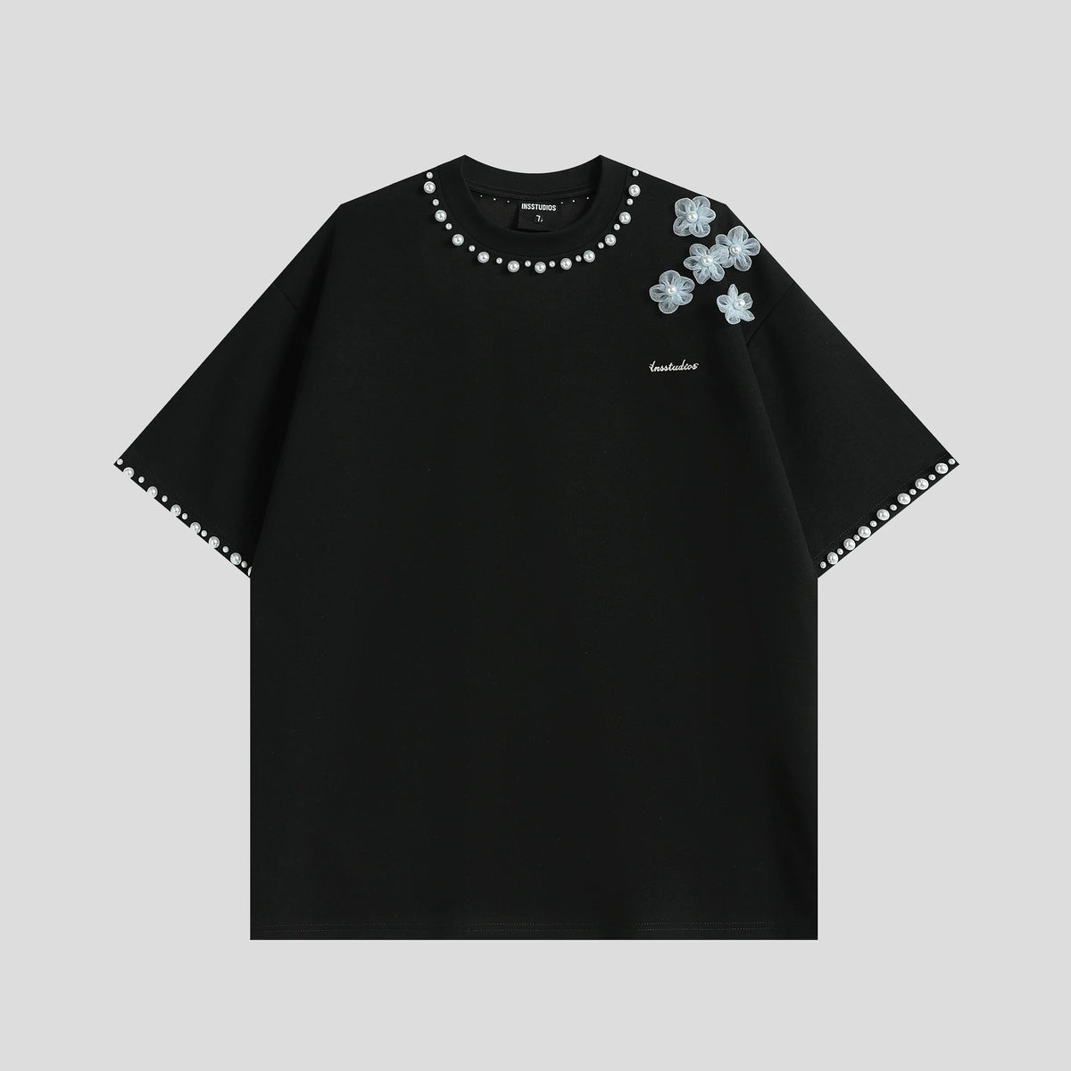 3D Floral Pearl Embellished T-Shirt | Oversized Designer Statement Tee