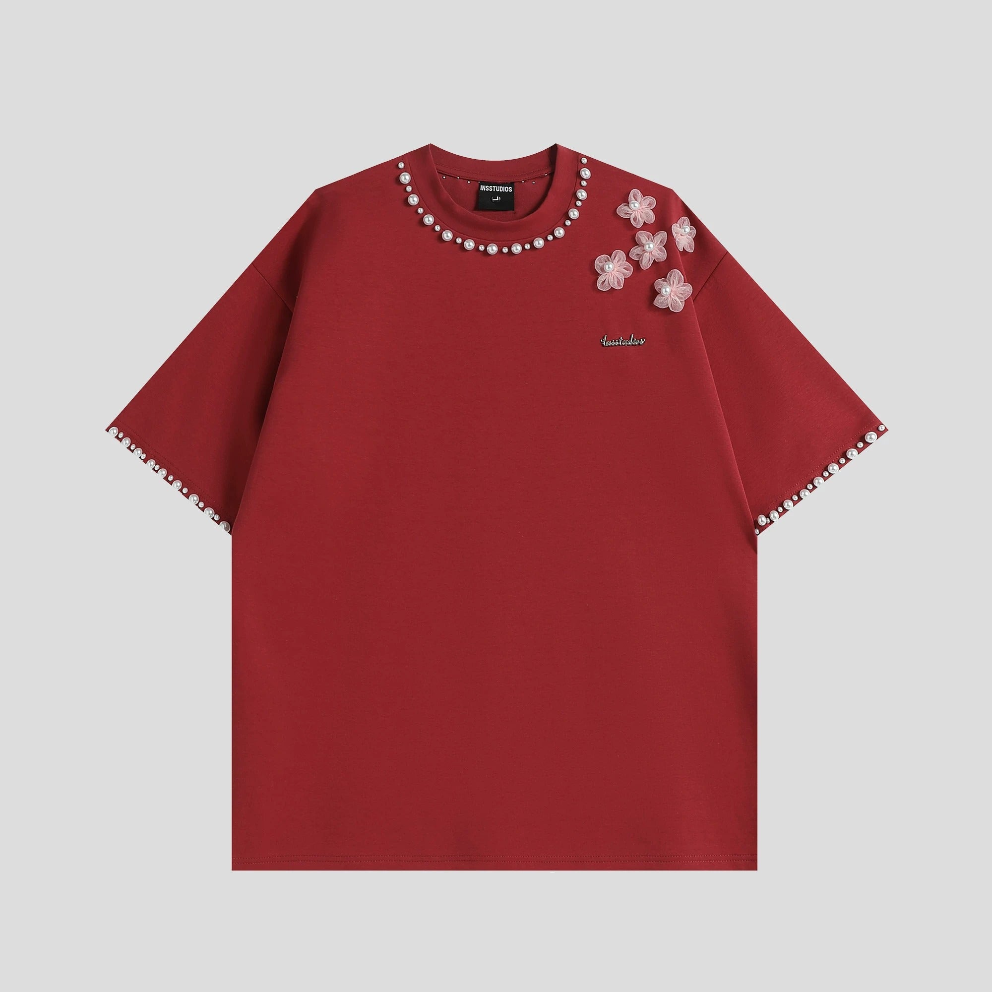 3D Floral Pearl Embellished T-Shirt | Oversized Designer Statement Tee
