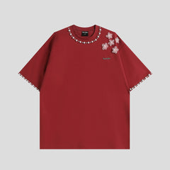 3D Floral Pearl Embellished T-Shirt | Oversized Designer Statement Tee