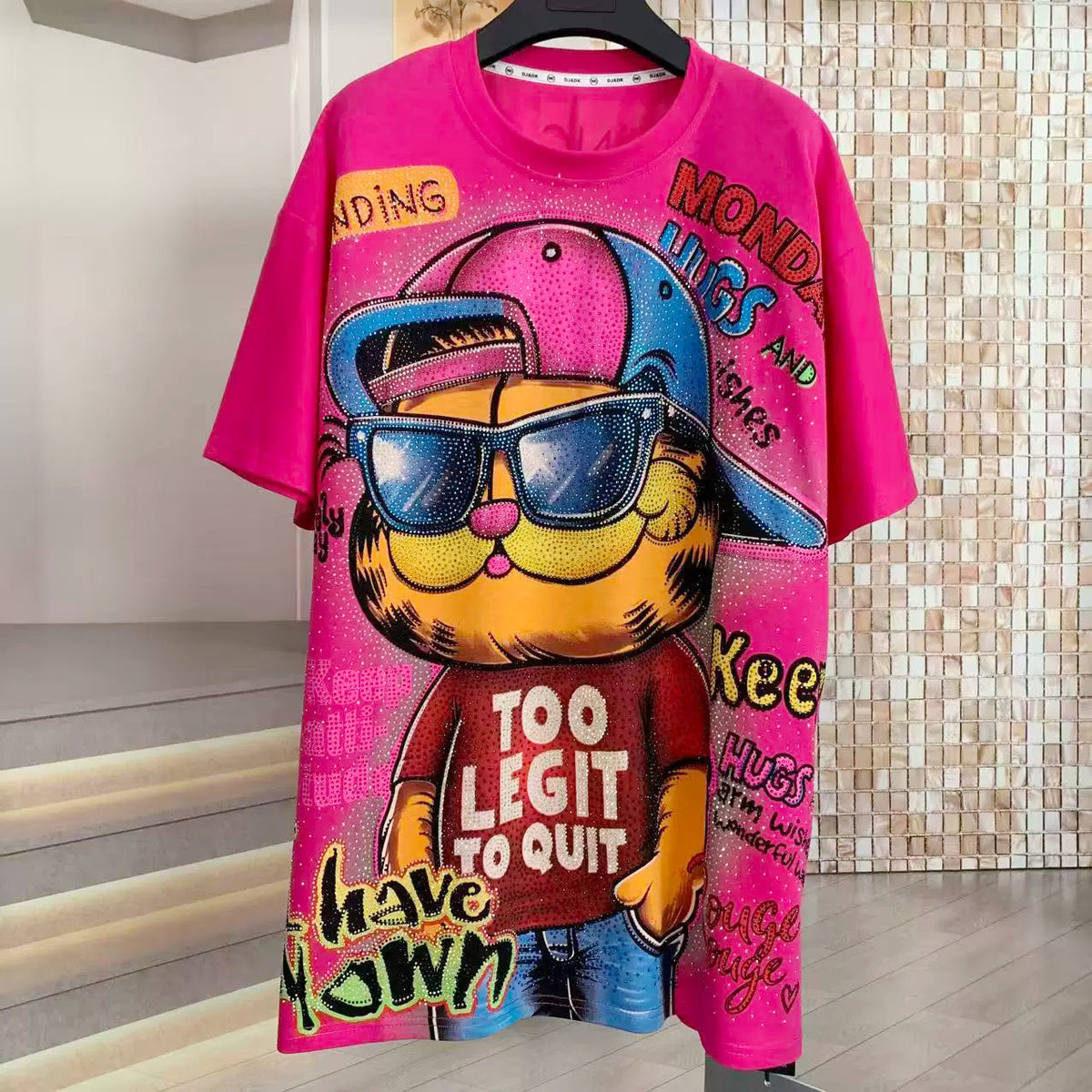 Too Legit Garfield Rhinestone Graphic T-Shirt | Oversized Streetwear Statement Tee