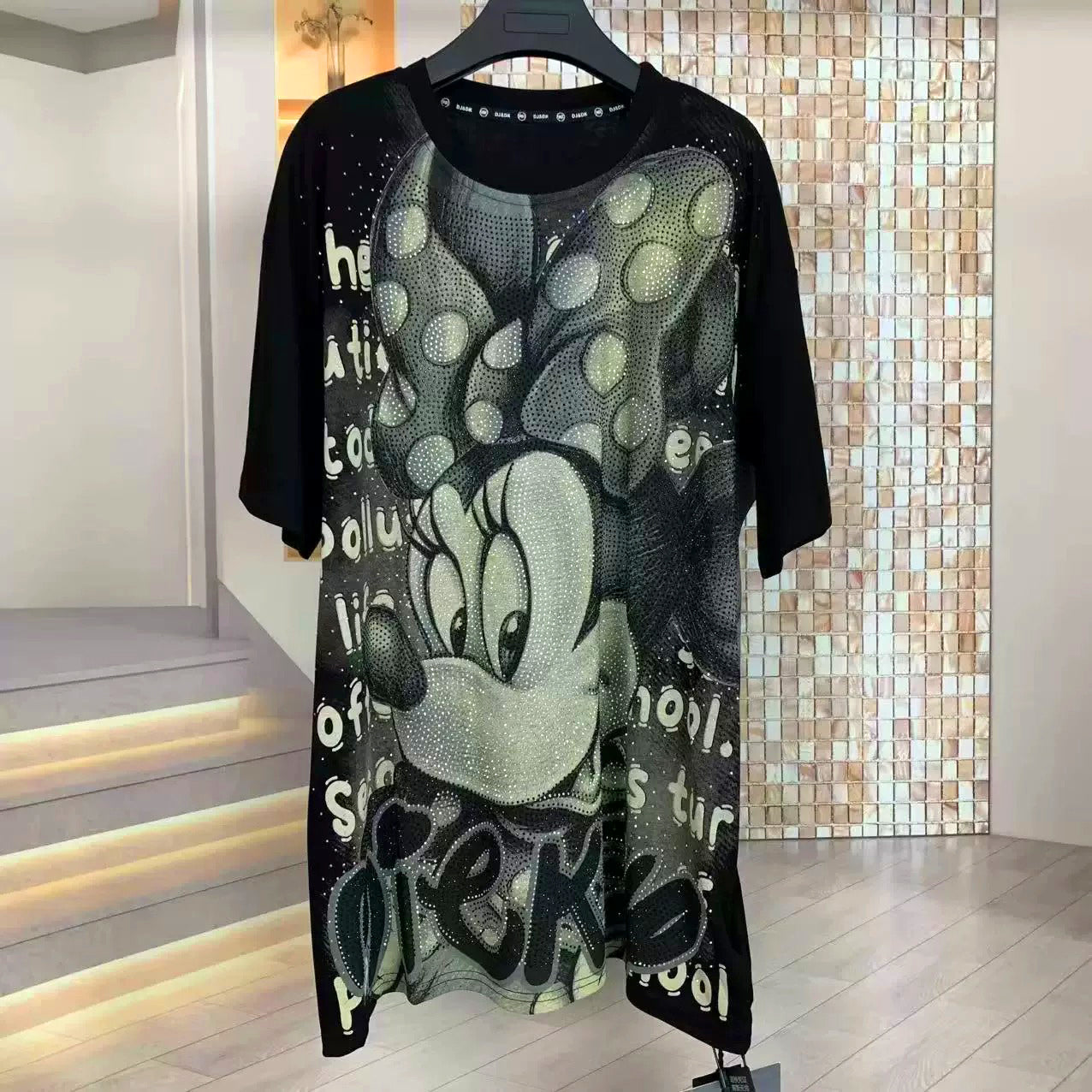 Sparkly Minnie Character Rhinestone Oversized T-Shirt | Heavy Handmade Statement Tee