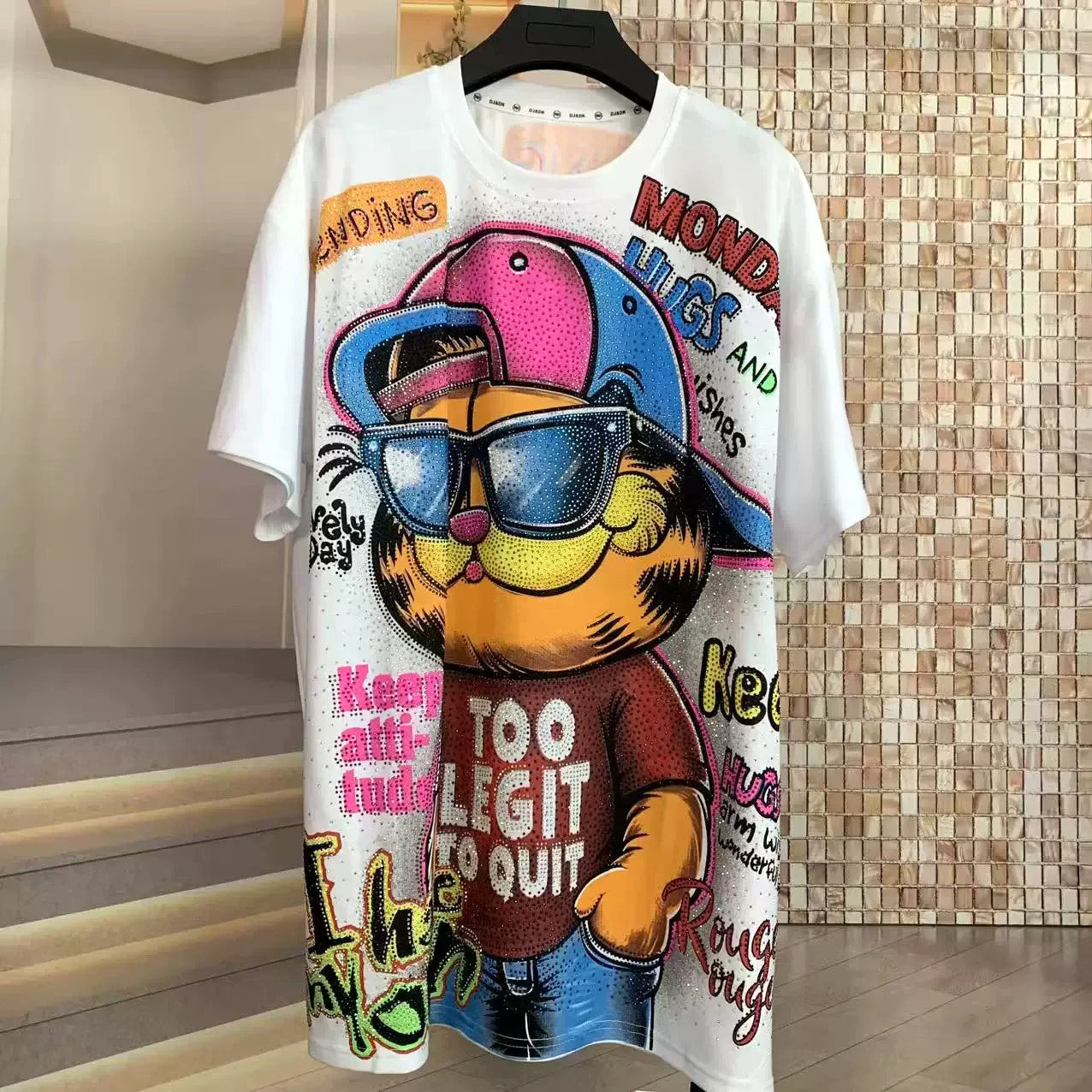 Too Legit Garfield Rhinestone Graphic T-Shirt | Oversized Streetwear Statement Tee