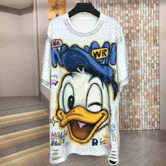 Rhinestone Donald Duck Distressed T-Shirt | Oversized Statement Tee