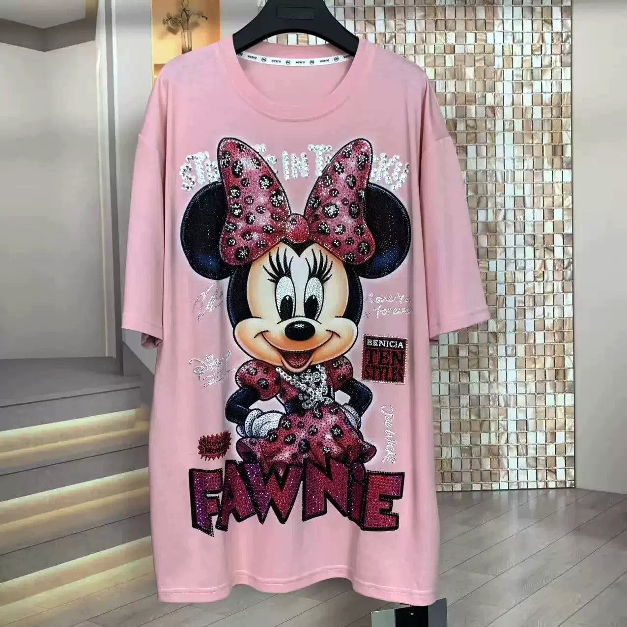Rhinestone Bow Minnie Graphic T-Shirt | Oversized Heavy Bling Statement Tee