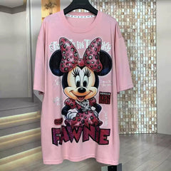 Rhinestone Bow Minnie Graphic T-Shirt | Oversized Heavy Bling Statement Tee
