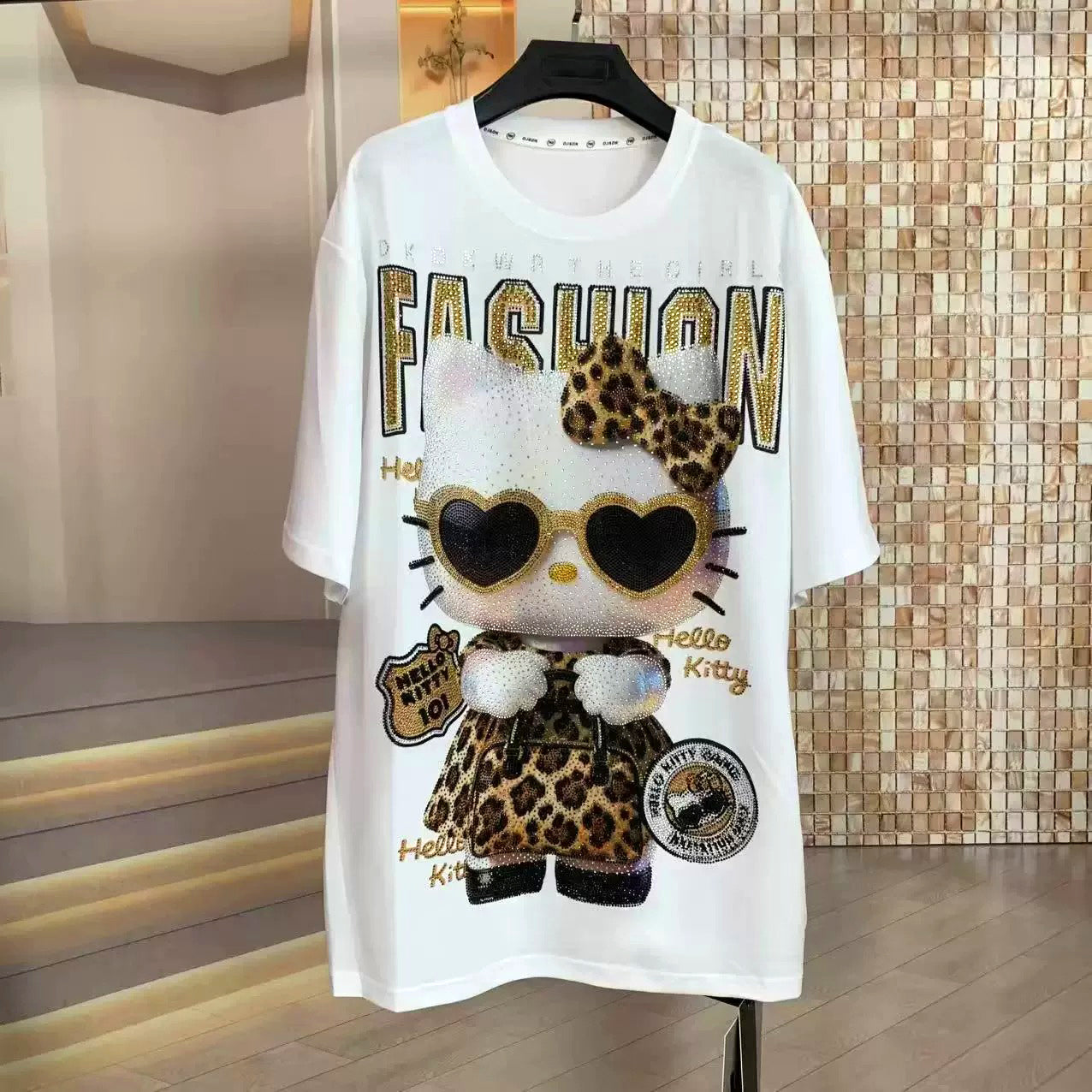 Hello Kitty Rhinestone Oversized T-Shirt | Leopard Bow Statement Tee