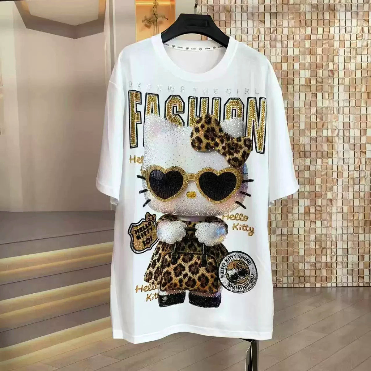 Hello Kitty Rhinestone Oversized T-Shirt | Leopard Bow Statement Tee