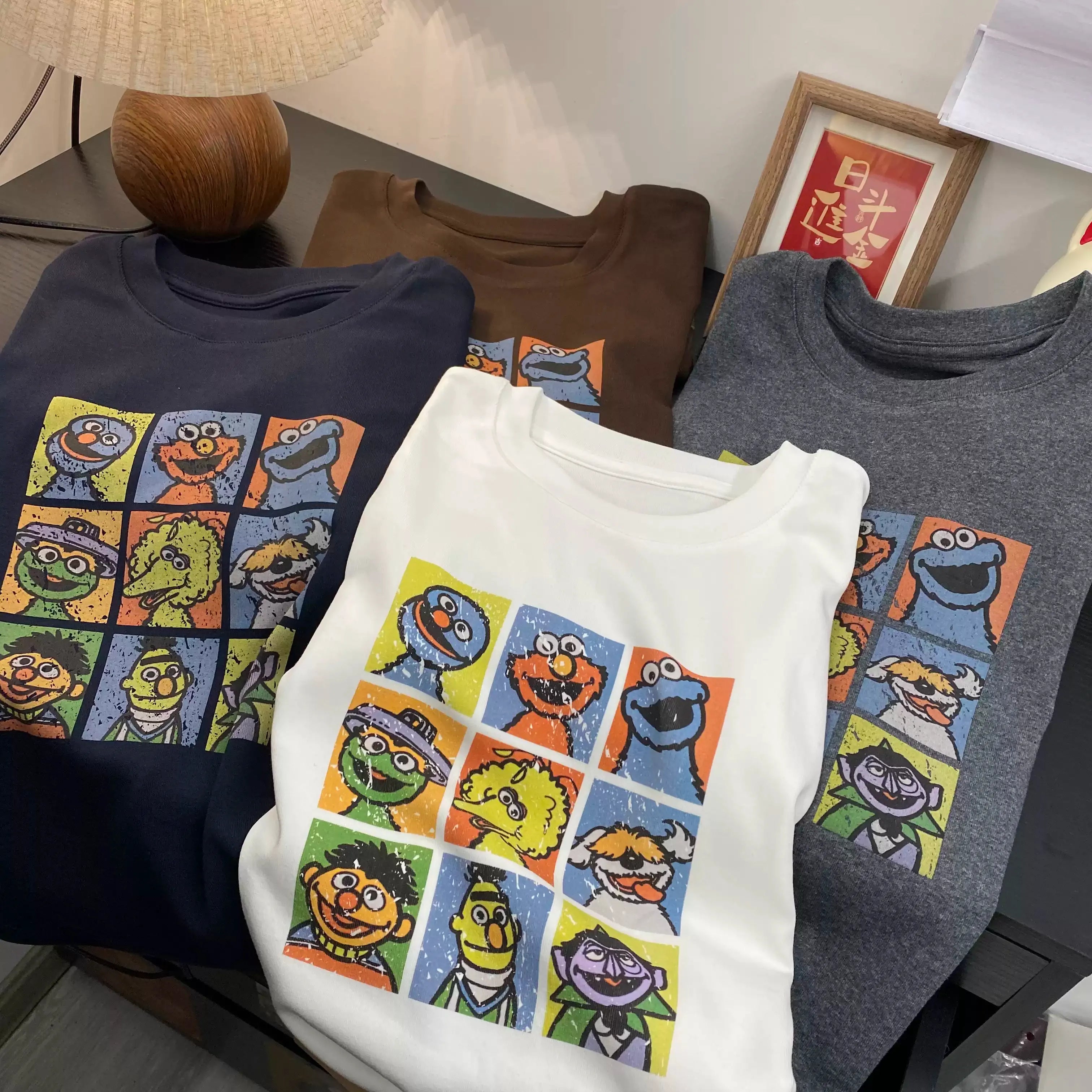 Retro Character Grid Cotton T-Shirt | Vintage Graphic Oversized Tee