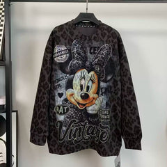 R11 - Pure Cotton Leopard Print Sweatshirt - Luxury Hot-Fix Rhinestone Minnie Mouse Graphic Crewneck Pullover