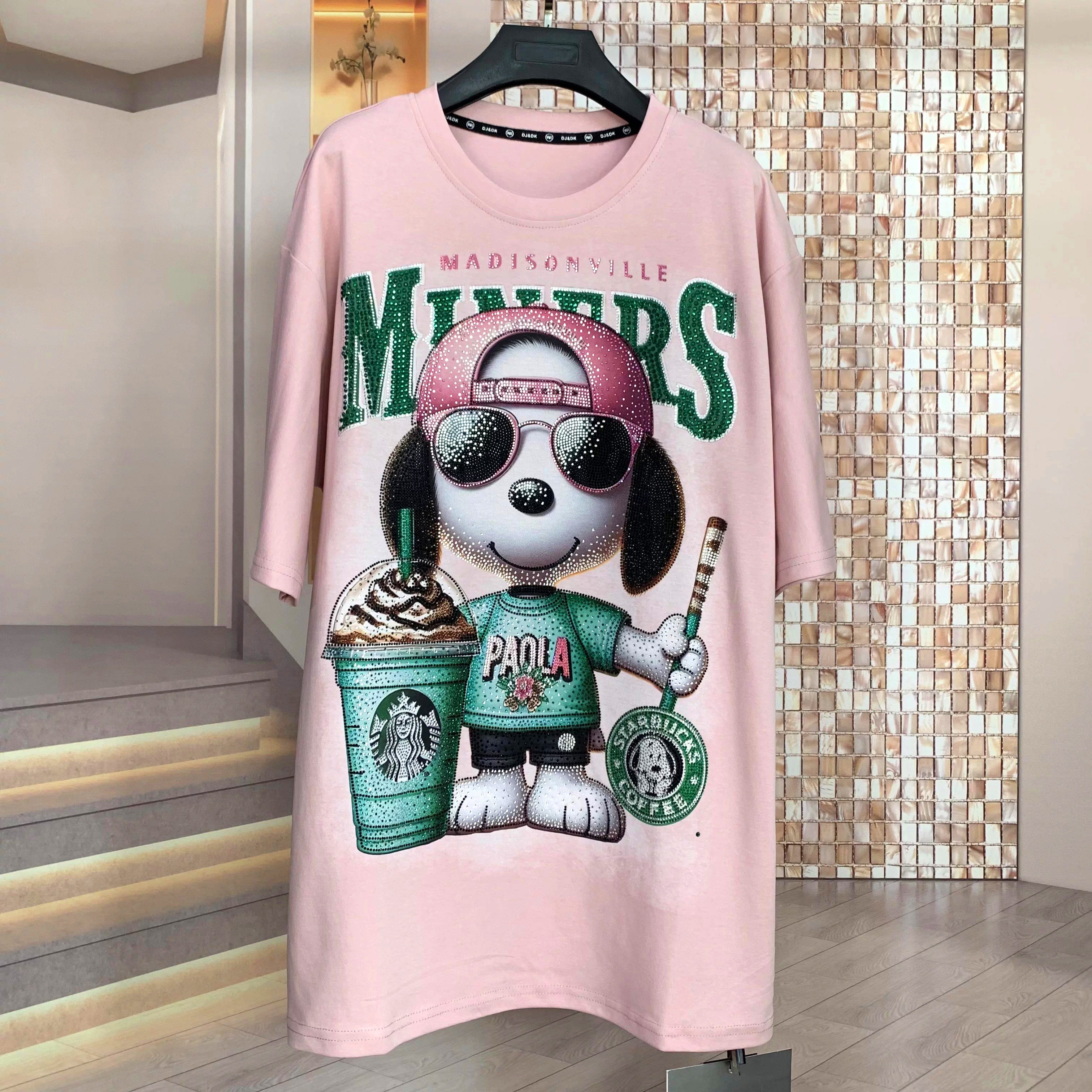 Rhinestone snoopy Graphic T-Shirt | Oversized Pink Bling Tee