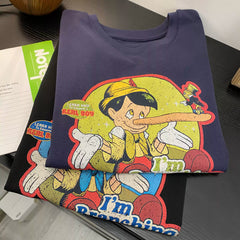 Vintage Pinocchio Graphic Cotton T-Shirt | Oversized Front & Back Print Tee