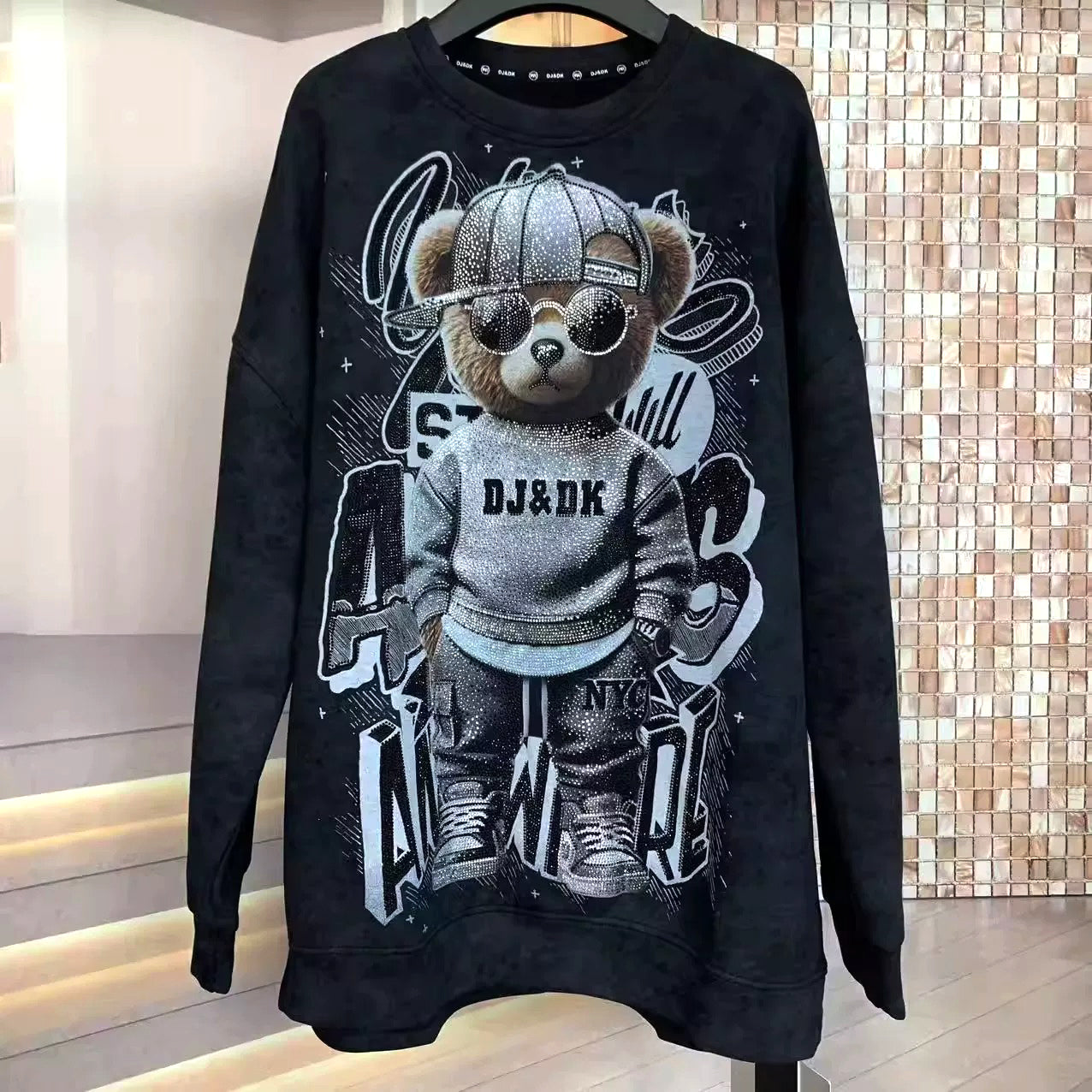 Rhinestone Teddy Bear Crewneck Sweatshirt | Oversized Bling Graphic Top