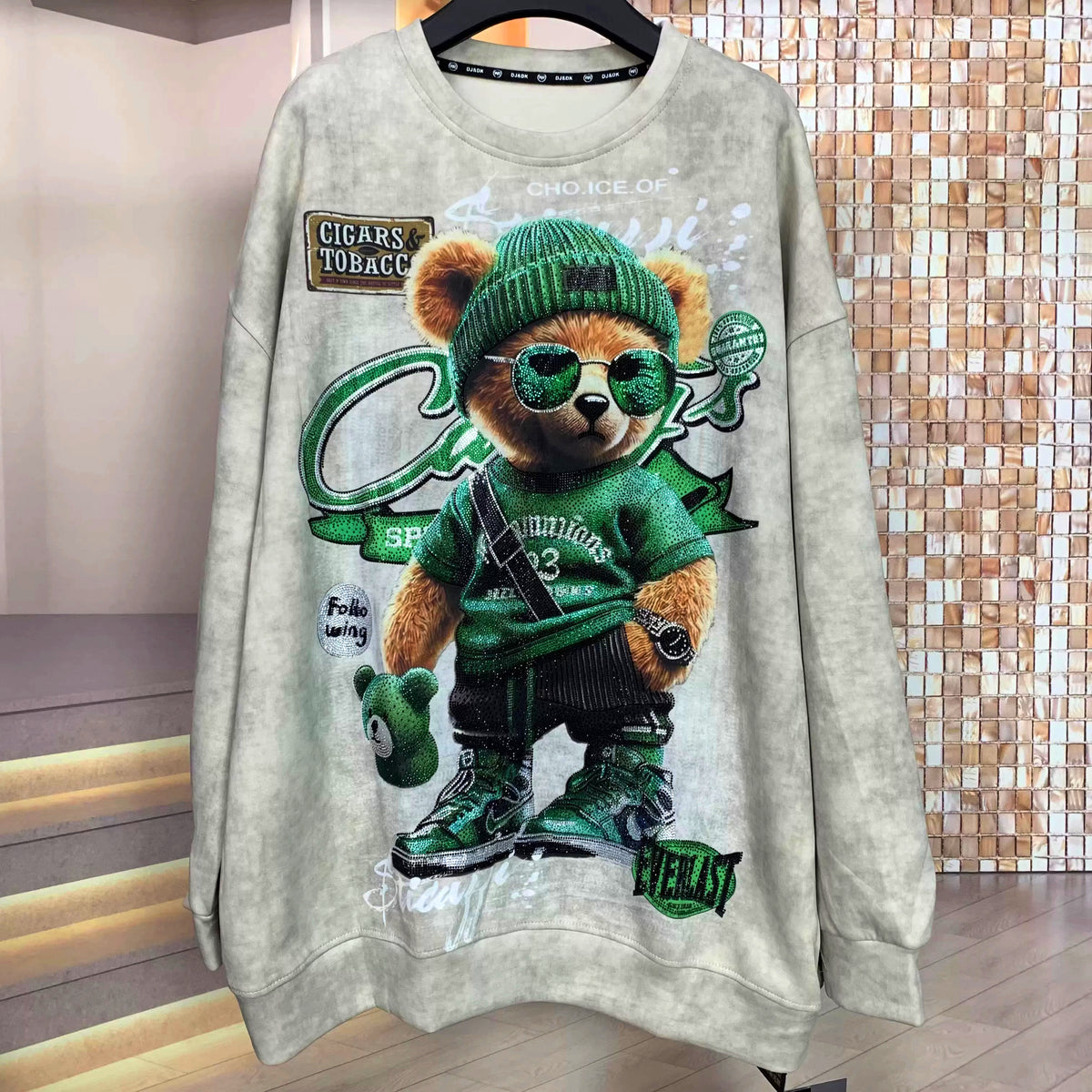 Rhinestone Teddy Bear Tie-Dye Sweatshirt | Oversized Graphic Crewneck