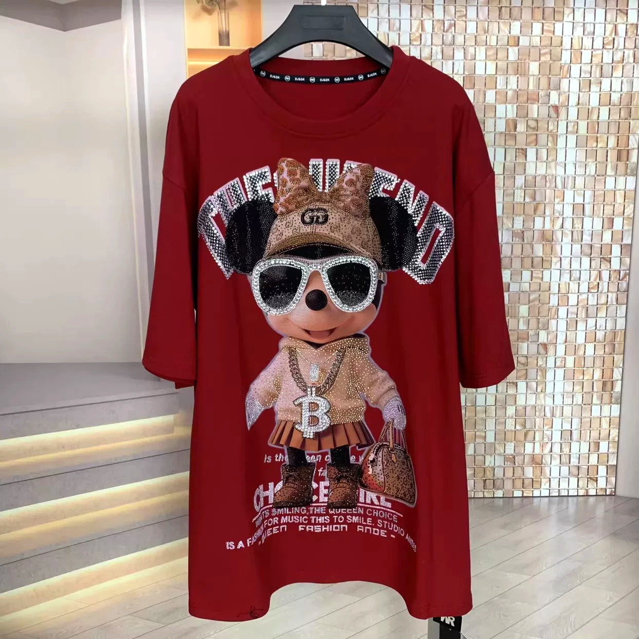Luxury Rhinestone Minnie Graphic T-Shirt | Heavy Embellished Oversized Cotton Tee