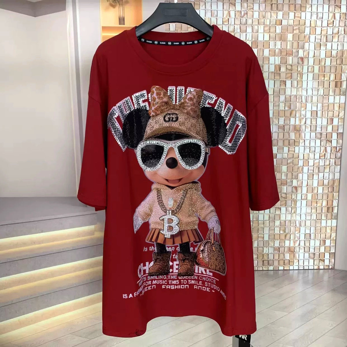 Luxury Rhinestone Minnie Graphic T-Shirt | Heavy Embellished Oversized Cotton Tee