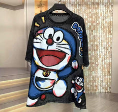 Washed Sequin Embroidered Doraemon Tee | Heavy Embellished Oversized