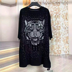 Rhinestone Tiger Graphic T-Shirt | Heavy Embellished Oversized Cotton Tee
