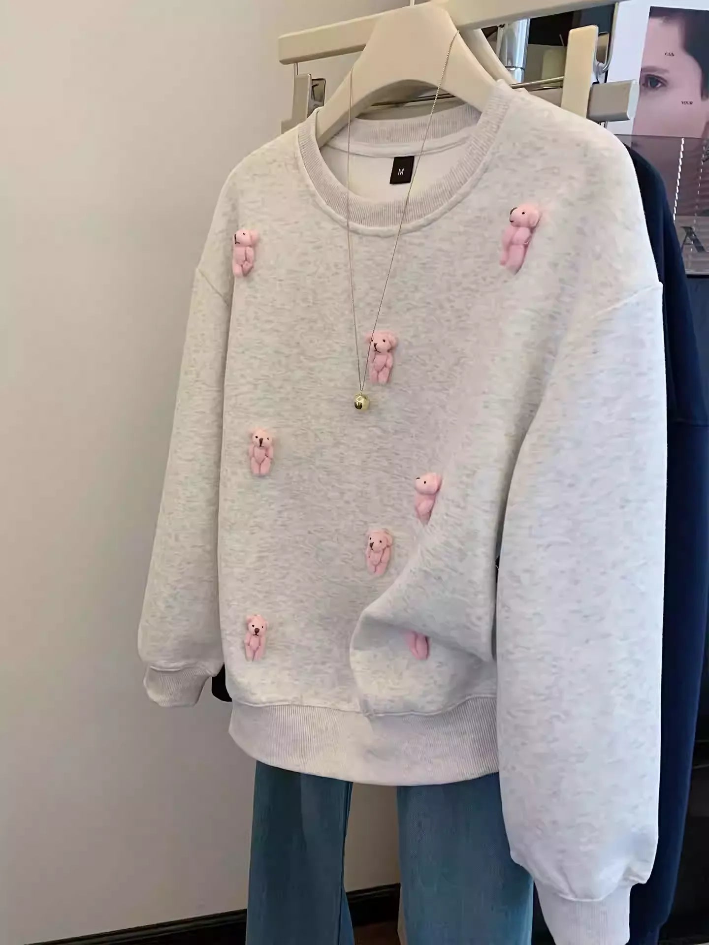 Trendy 3D Pink Bear Gray Sweatshirt for Casual Outfits