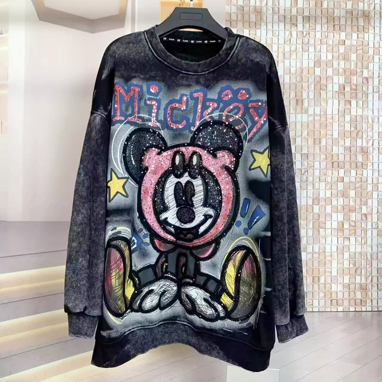 Rhinestone Mickey Crewneck Sweatshirt | Vintage Washed Oversized Graphic Top
