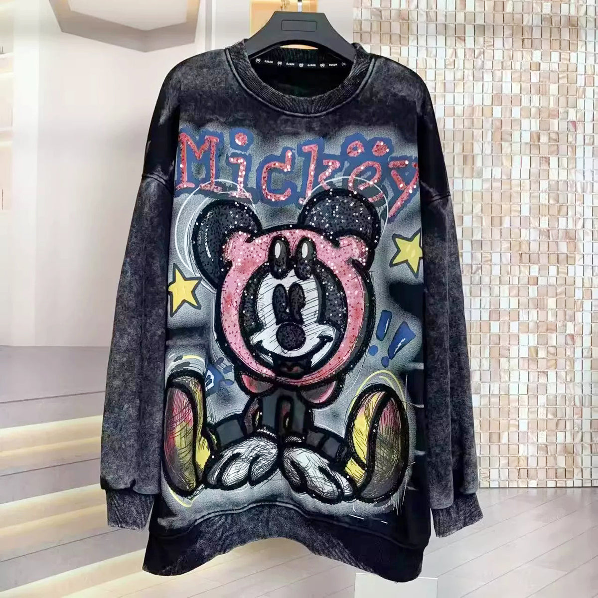 Rhinestone Mickey Crewneck Sweatshirt | Vintage Washed Oversized Graphic Top