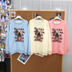 B09 - Heavyweight Cotton Crewneck Sweatshirt with Hand-Nailed Pink Rhinestones & Printed Dog Hood Graphic