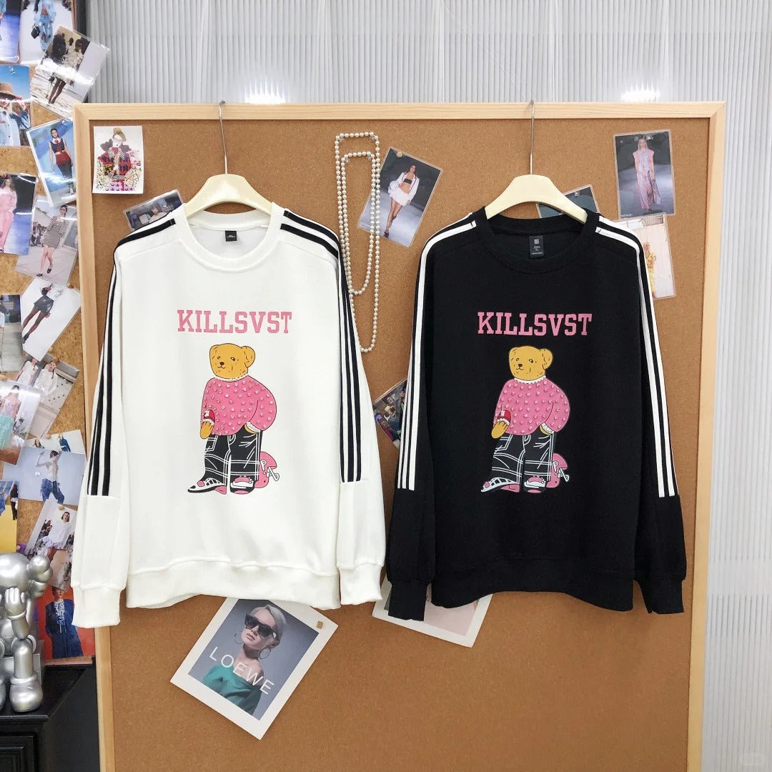 B08 - Pink Rhinestone Teddy Bear Stripe Sleeve Heavyweight Crewneck Sweatshirt