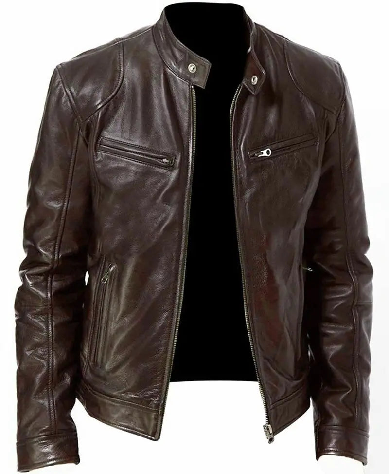 Men's Autumn and Winter PU Waterproof Leather Jacket Full Zipper Stand Collar Motorcycle Bomber Jacket