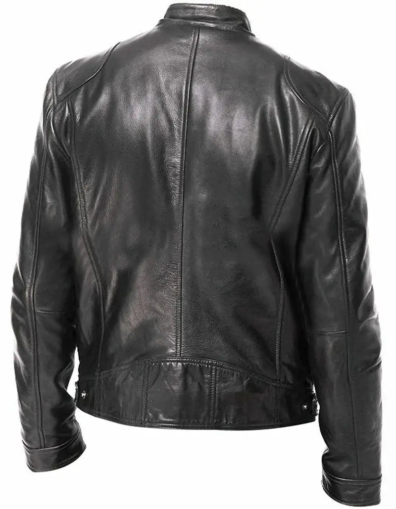 Men's Autumn and Winter PU Waterproof Leather Jacket Full Zipper Stand Collar Motorcycle Bomber Jacket