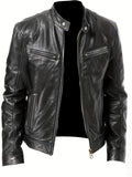 Men's Autumn and Winter PU Waterproof Leather Jacket Full Zipper Stand Collar Motorcycle Bomber Jacket