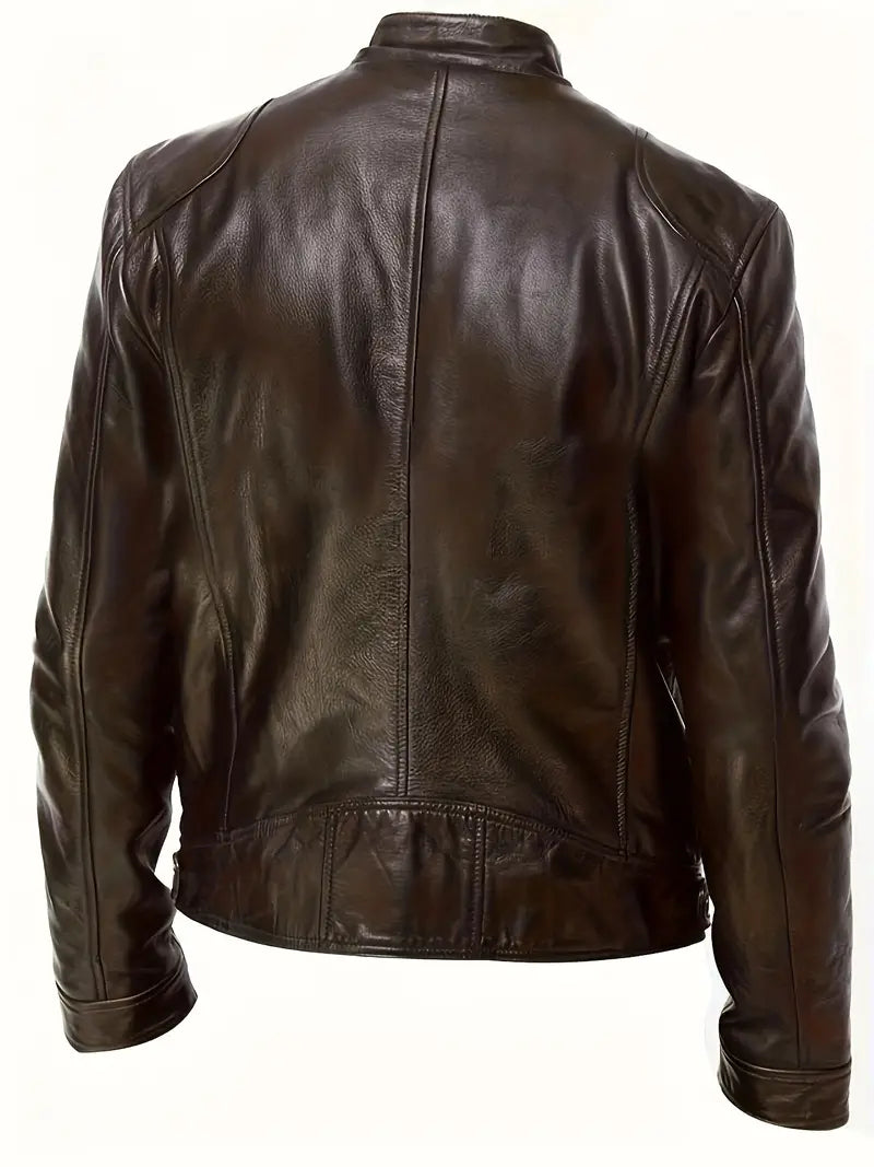 Men's Autumn and Winter PU Waterproof Leather Jacket Full Zipper Stand Collar Motorcycle Bomber Jacket