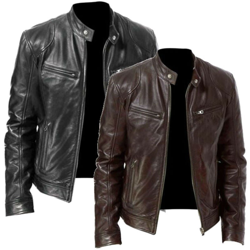 Men's Autumn and Winter PU Waterproof Leather Jacket Full Zipper Stand Collar Motorcycle Bomber Jacket